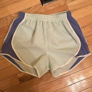 Shorties Shorts in green white stripes with Lavender Seersucker by Lauren James